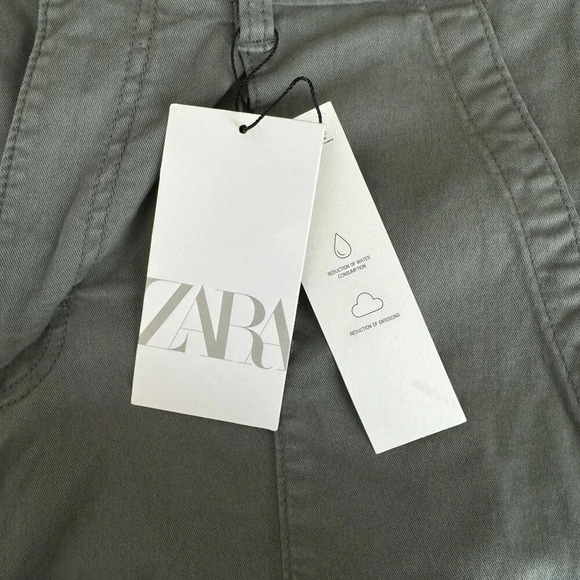 Zara Army Green High Waist Tapered Leg Stretch Cotton Cargo Pants Size 31 - Picture 5 of 12